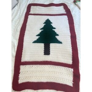 Handmade Crochet Christmas Tree Blanket Red White Green Holiday Throw 24" x 46"